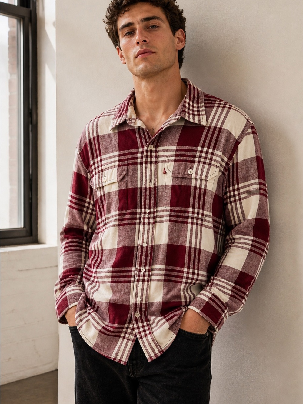 Levi’s Plaid Shirt M Red White Button Up Flannel Casual Men Women